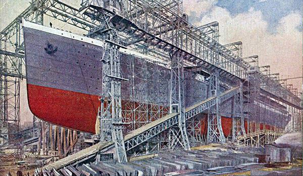 Titanic sister ship Britannic under construction in Belfast, from a contemporary postcard.