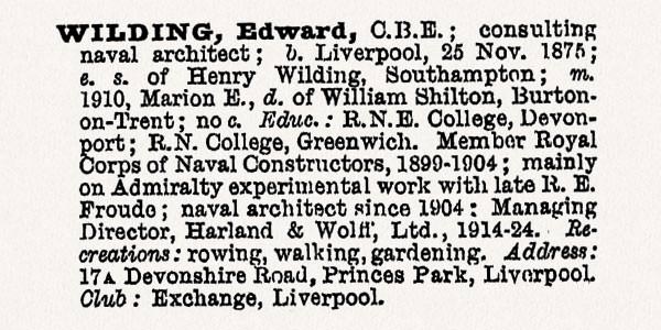 Entry for Edward Wilding in the 1926 edition of Who's Who.