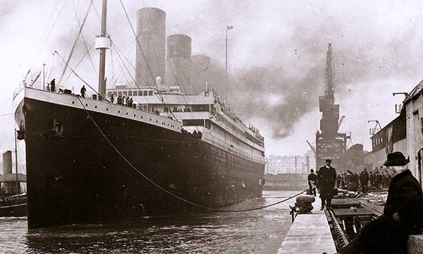 The Titanic at Southampton at the beginning of her maiden voyage.