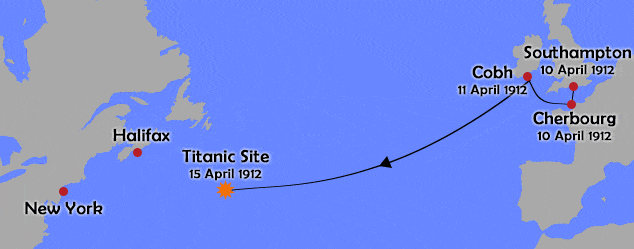 Route of the Titanic maiden voyage and the location of her sinking.