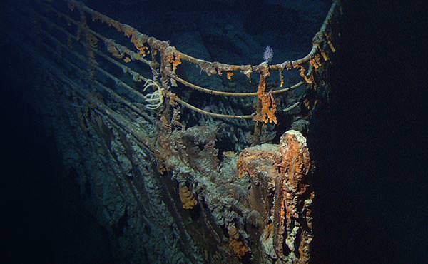 The bow of the Titanic wreck underwater, photographed in 2004.